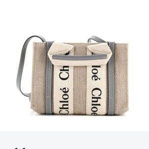 CHLOE Woody Convertible Tote Canvas linen with Leather Mini blue